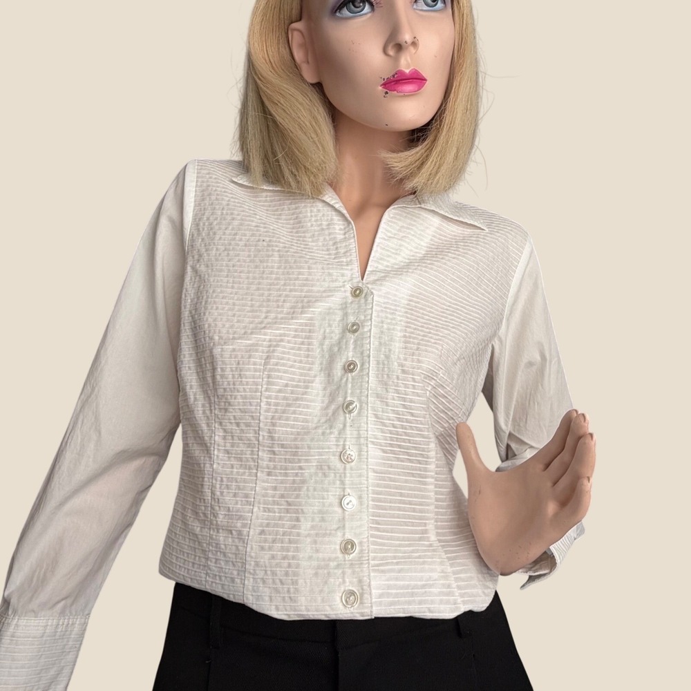 Talbots White Button Down Shirt 100% Cotton Ribbed Pintuck Quiet Luxury Office 4